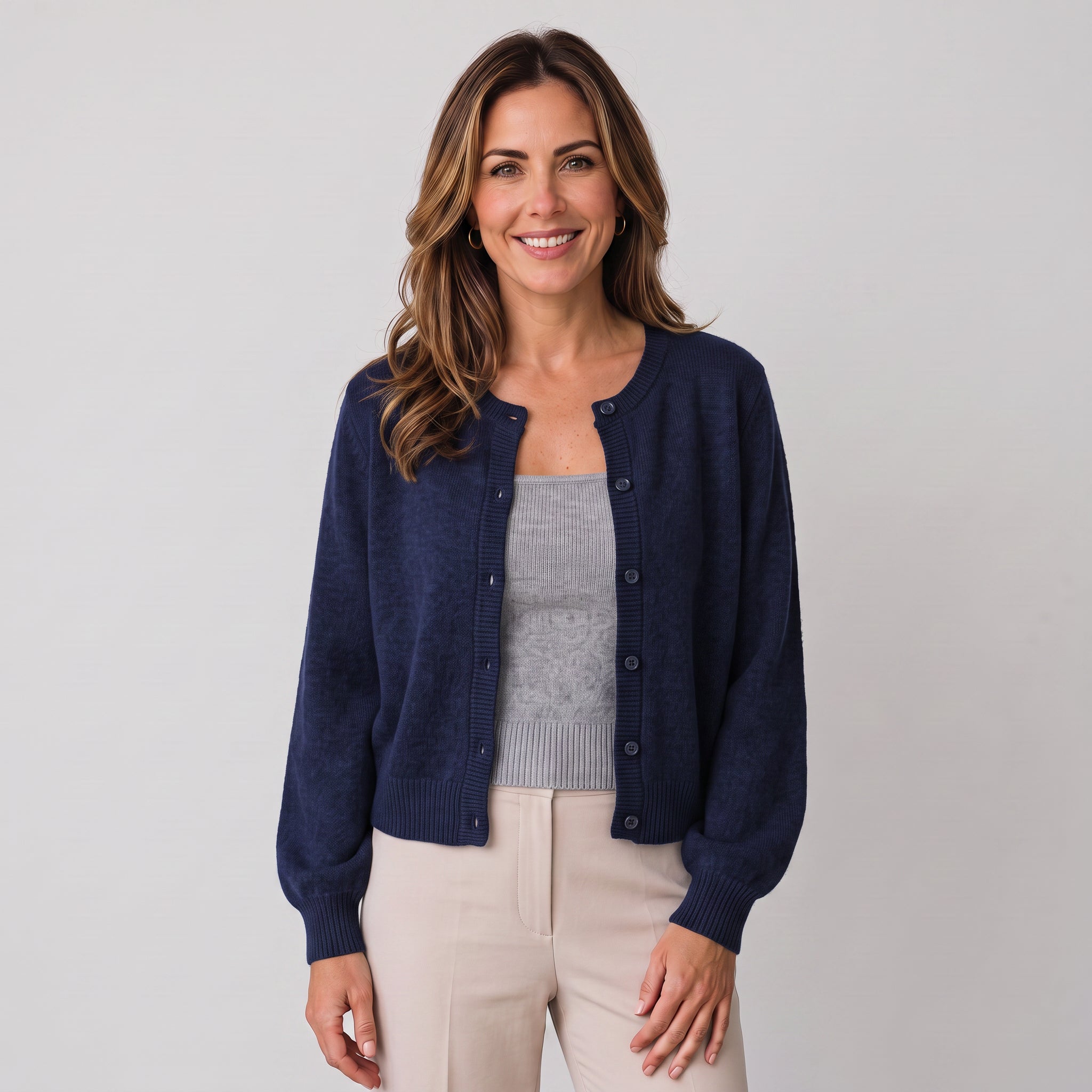 Women's cropped round-neck cardigan with a button front by Ivy & Co, image 10 of 11