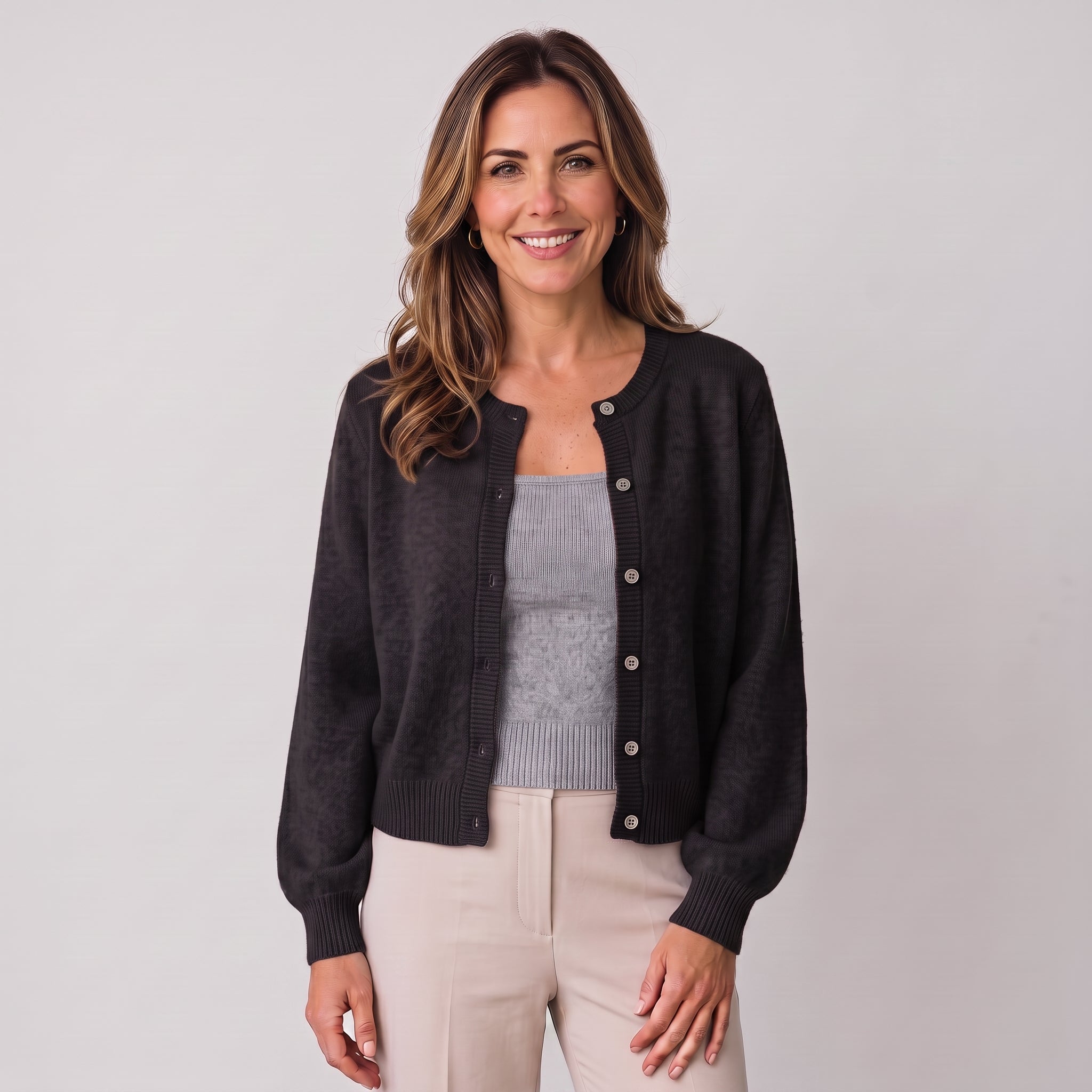 Women's cropped round-neck cardigan with a button front by Ivy & Co, image 3 of 11