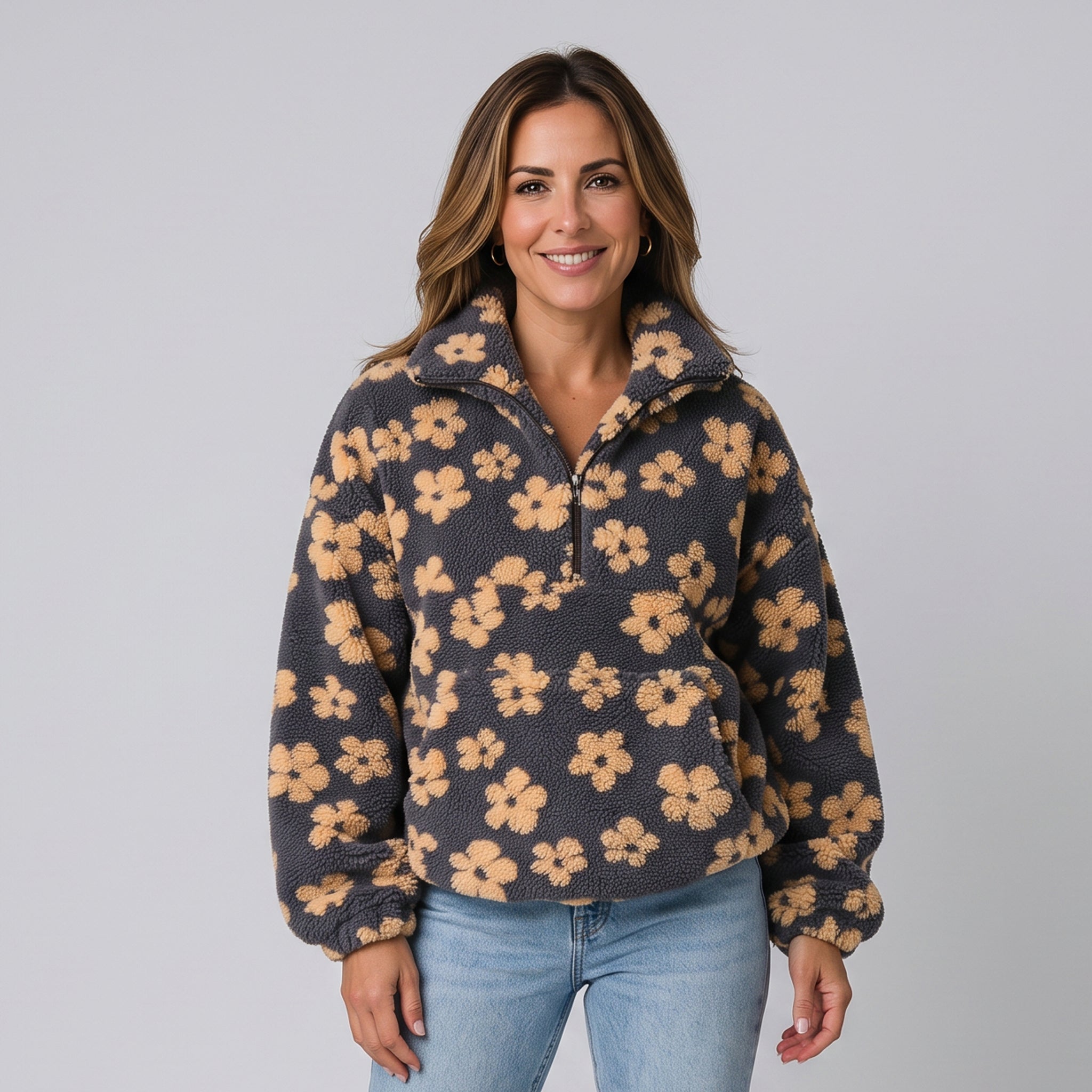 Women's fluffy floral jacket with a half zip by Ivy & Co, image 1 of 4
