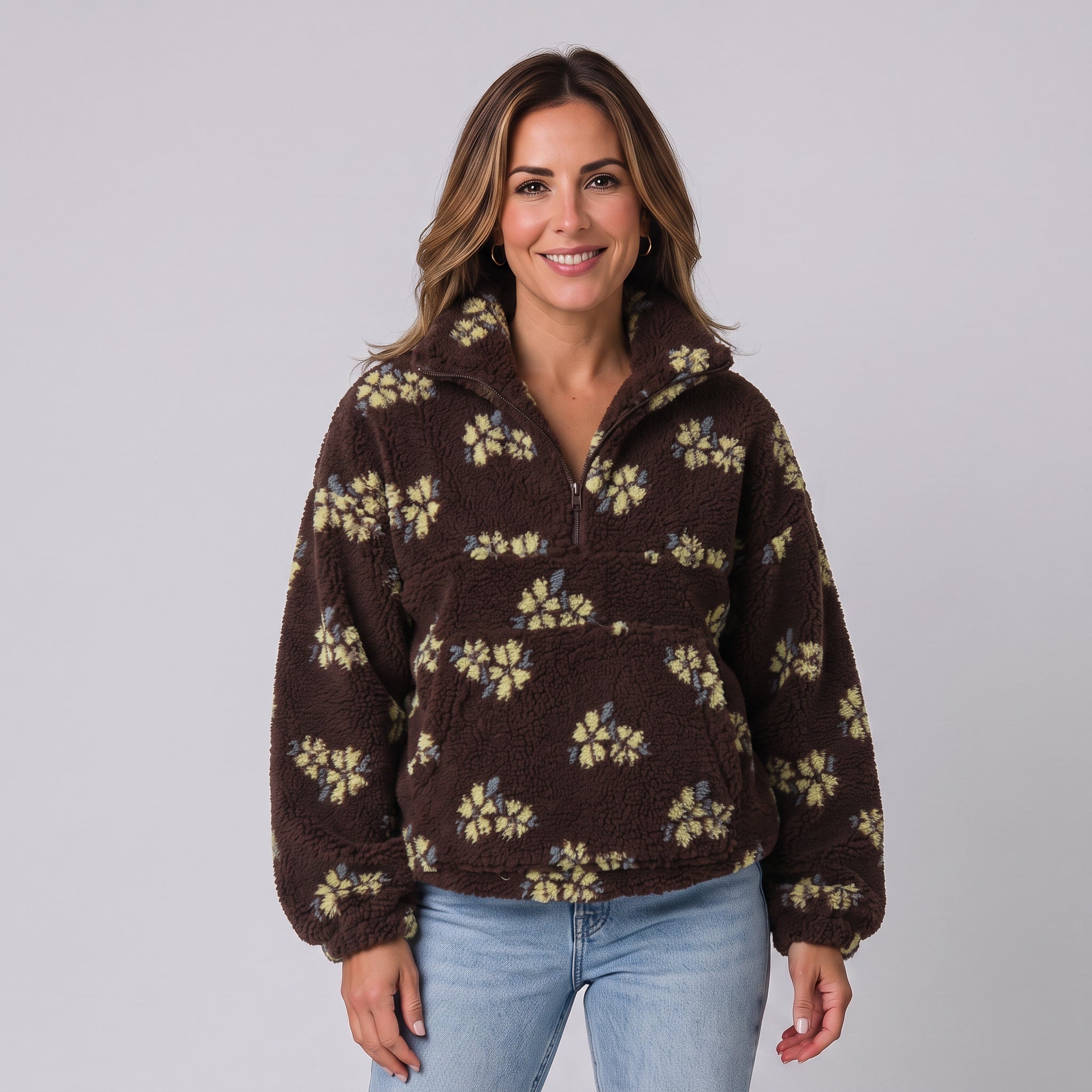 Women's fluffy floral jacket with a half zip by Ivy & Co, image 4 of 4