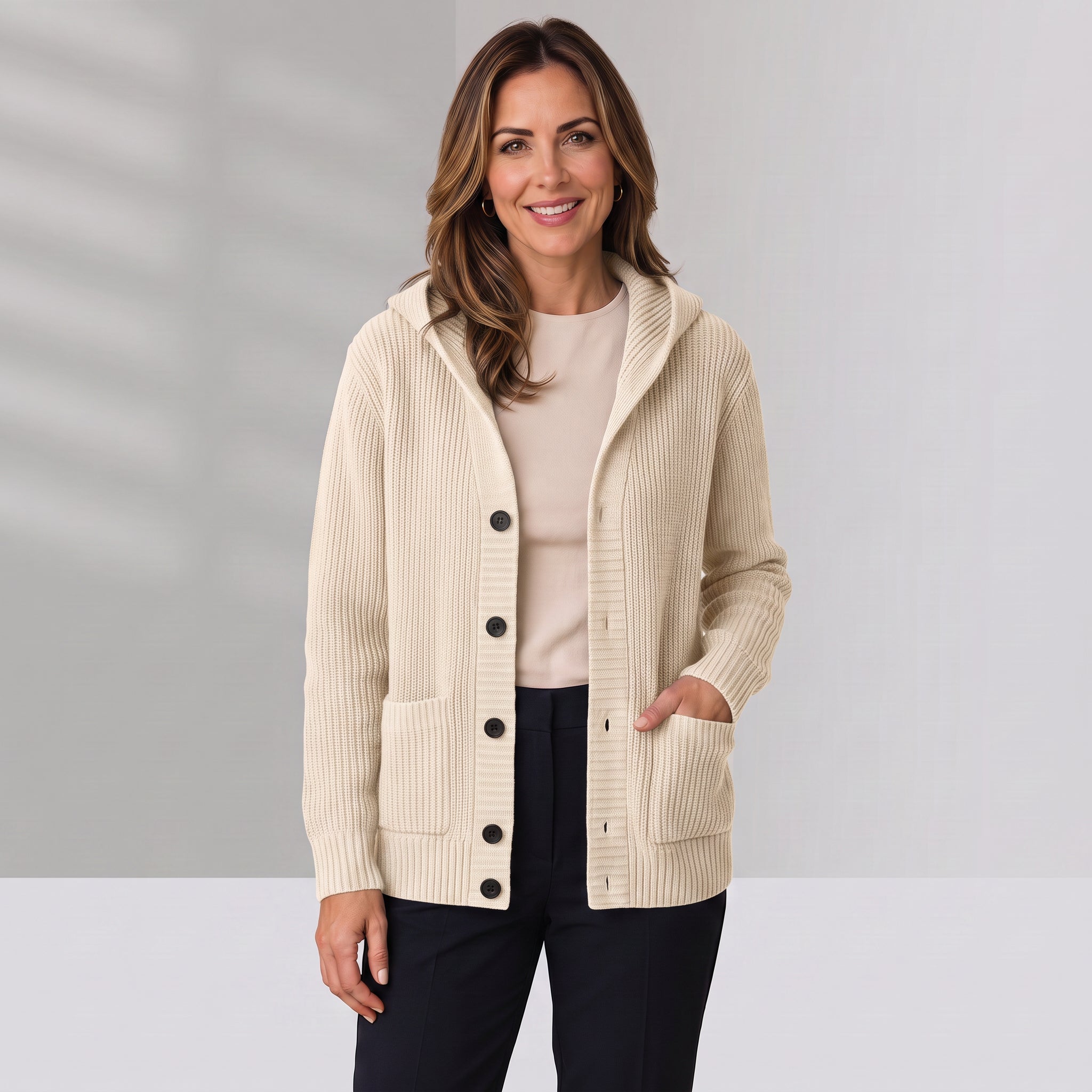 Women's hooded rib-knit cardigan by Ivy & Co, image 1 of 3