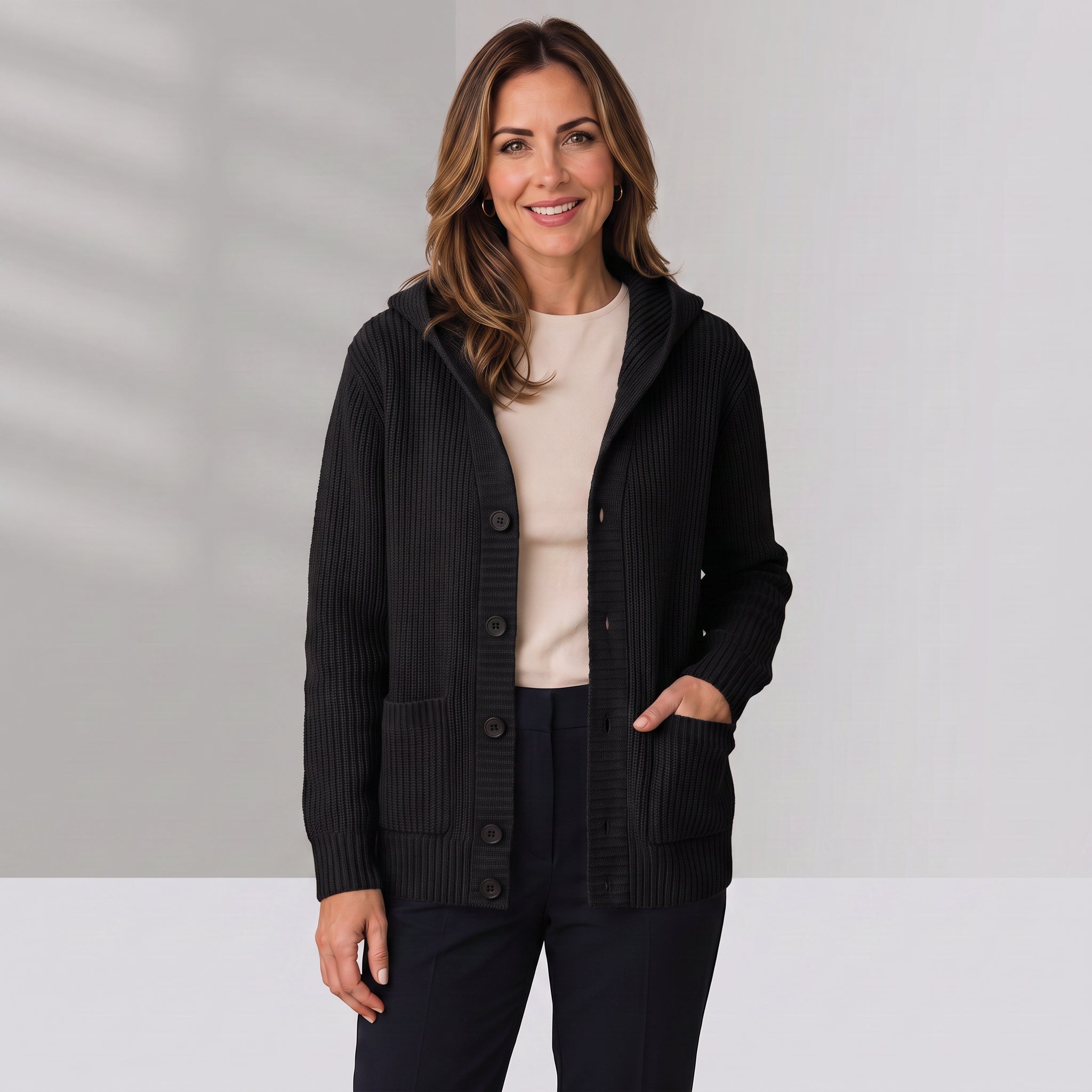Women's hooded rib-knit cardigan by Ivy & Co, image 3 of 3