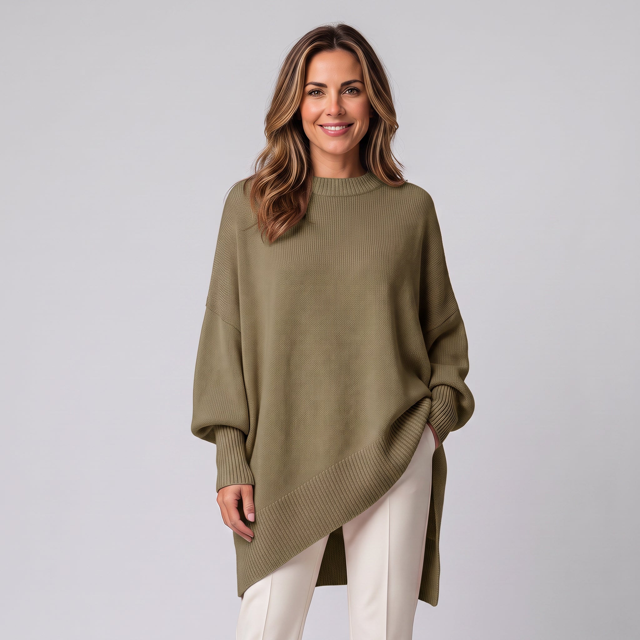 Women's draped jumper with a round neck and asymmetric hem by Ivy & Co, image 17 of 18