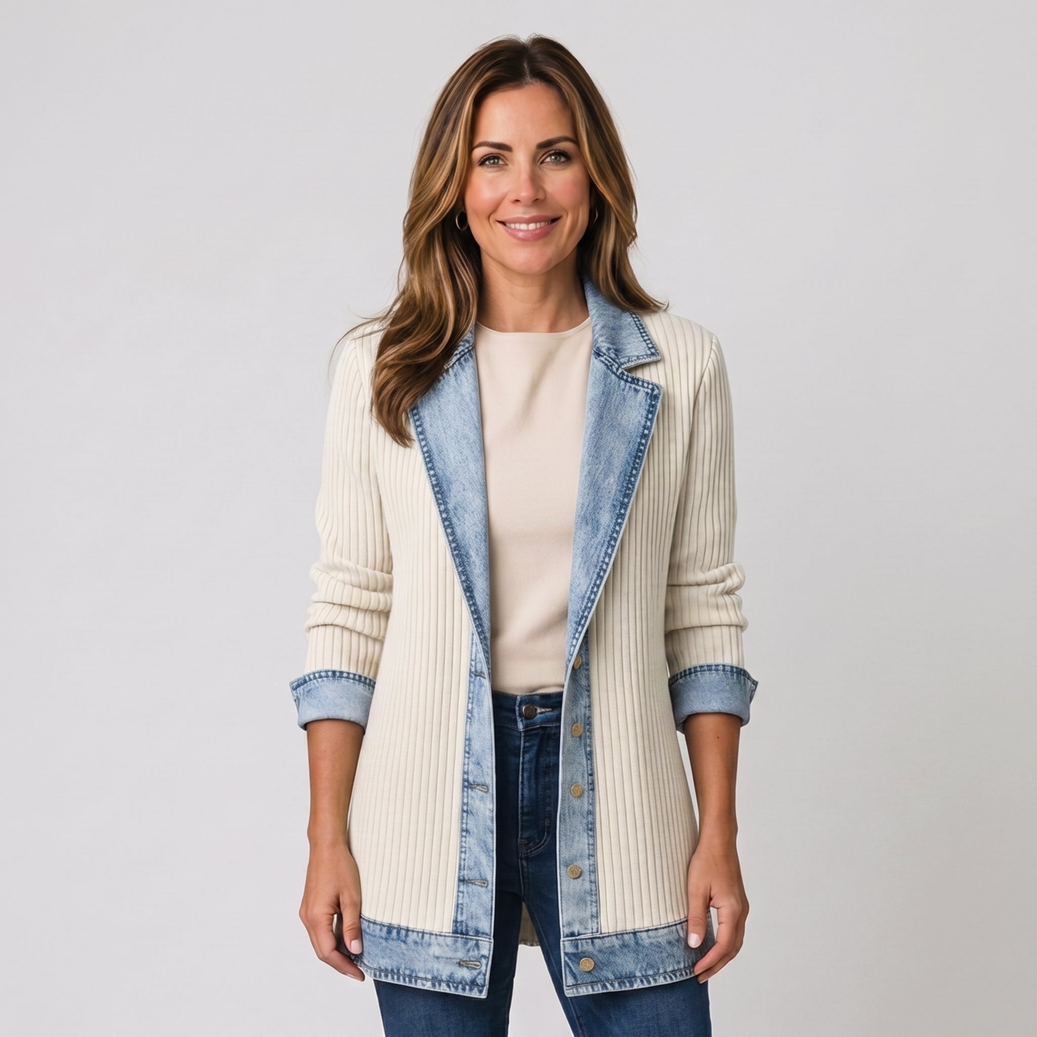 Women's longline open-front cardigan with a layered collar by Ivy & Co, image 1 of 6