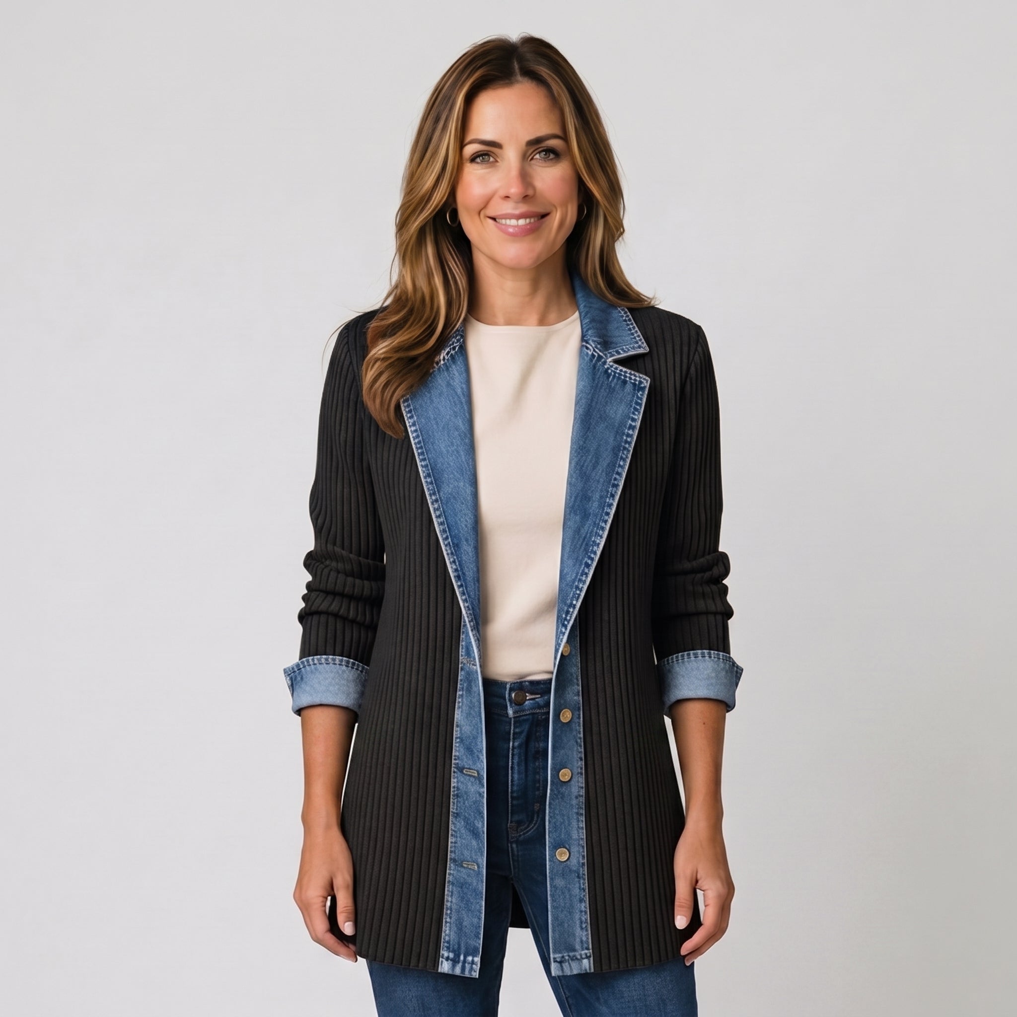 Women's longline open-front cardigan with a layered collar by Ivy & Co, image 2 of 6