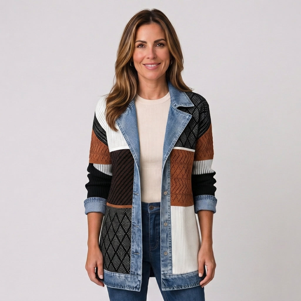 Women's longline open-front cardigan with a layered collar by Ivy & Co, image 3 of 6