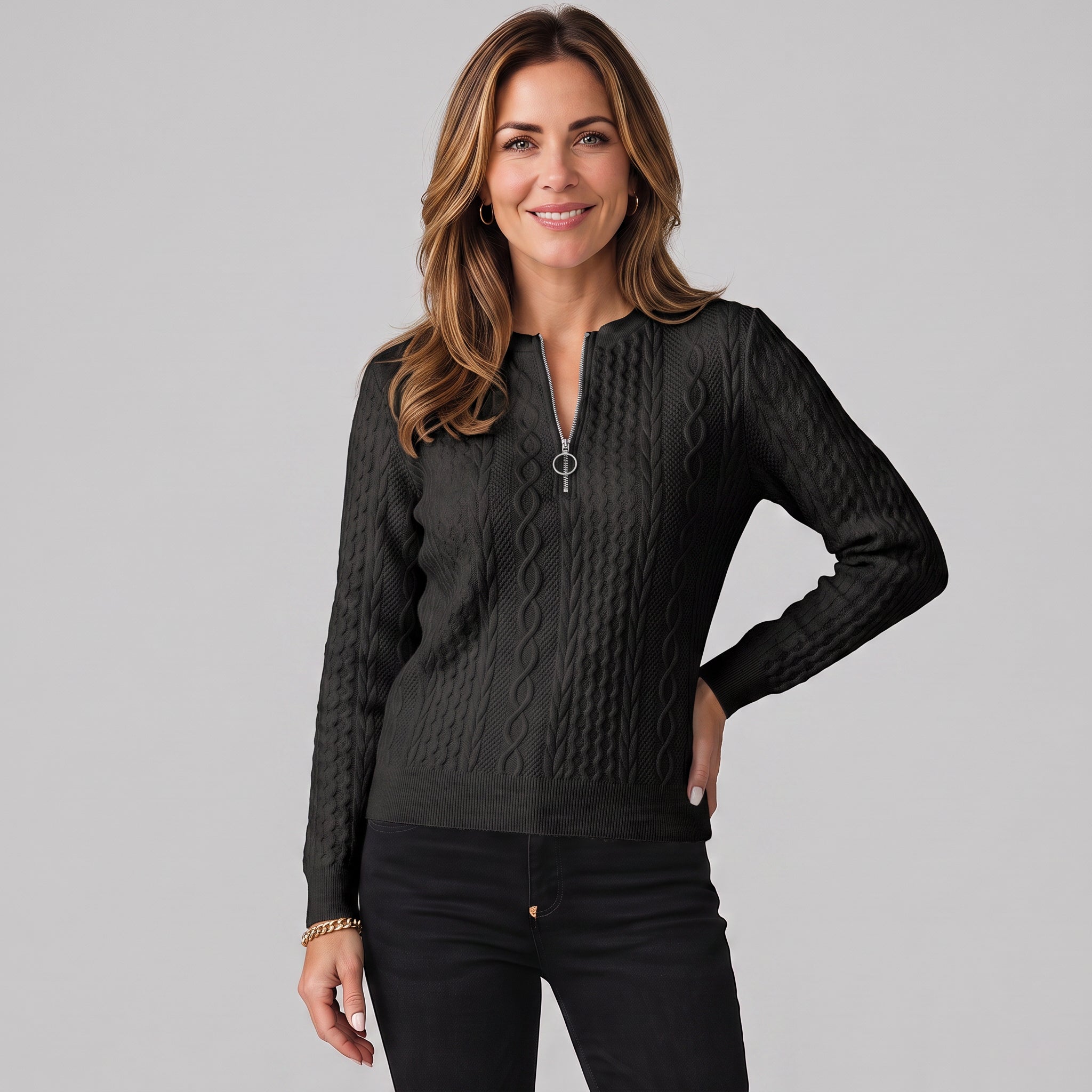 Women's quarter zip jumper in a cable knit by Ivy & Co, image 1 of 4