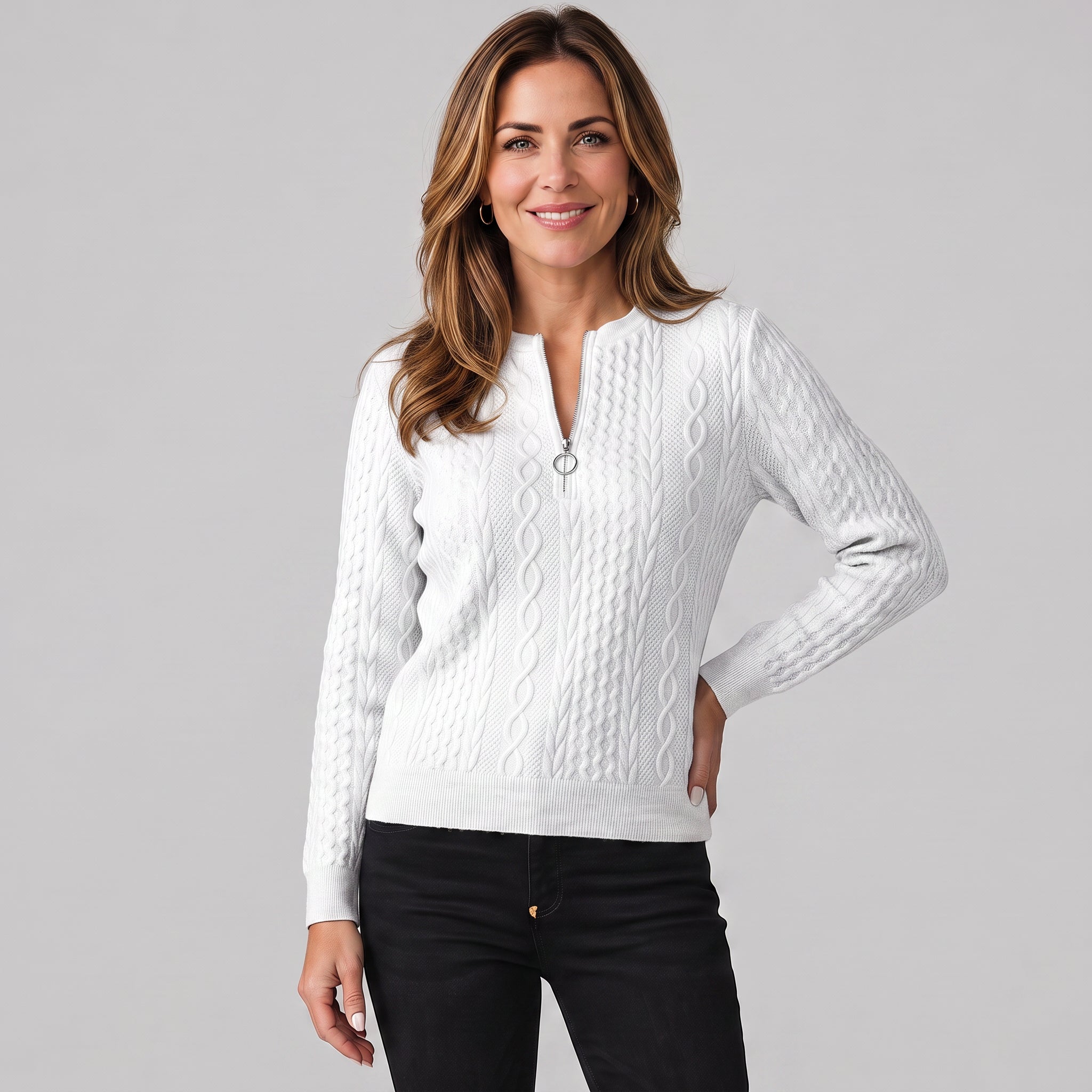 Women's quarter zip jumper in a cable knit by Ivy & Co, image 4 of 4